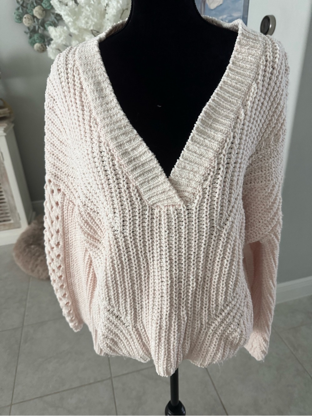 Pink Lily Light Pink V-Neck Chunky Knit Sweater